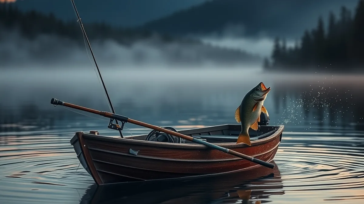 Fishing boat on a misty lake with a leaping bass, inspired by Big Bass Bonanza