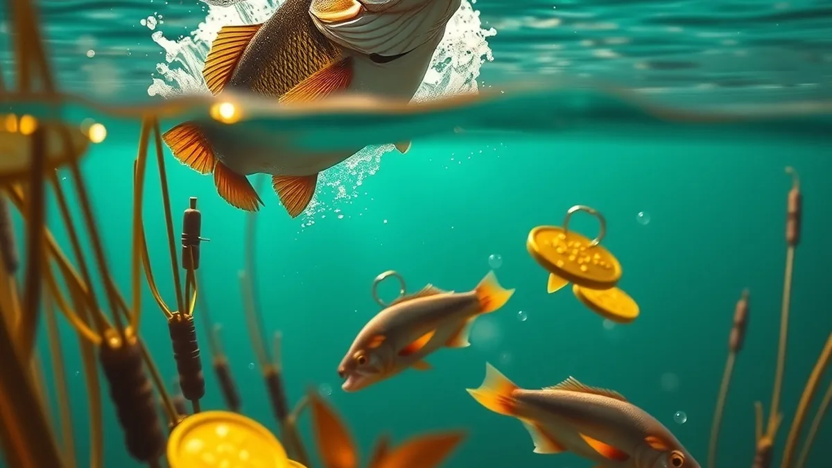 Bass bursting through a splash after a lure, inspired by Big Bass Splash