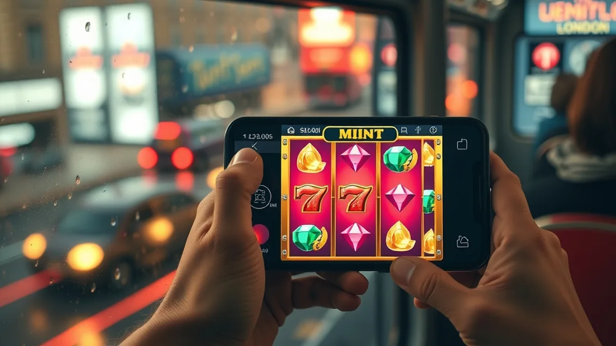 Smartphone showing slot reels on a London bus, illustrating the Tucan Casino mobile app