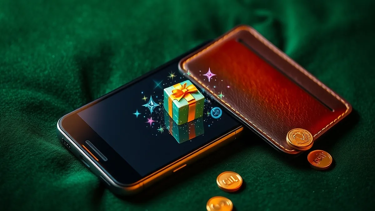 Smartphone with a glowing gift box next to an empty wallet, representing a no deposit bonus