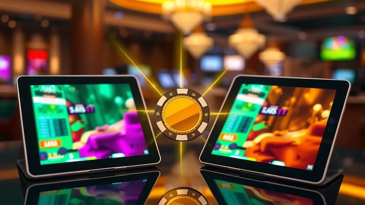 Three tablets with different casino lobbies linked to one central golden chip