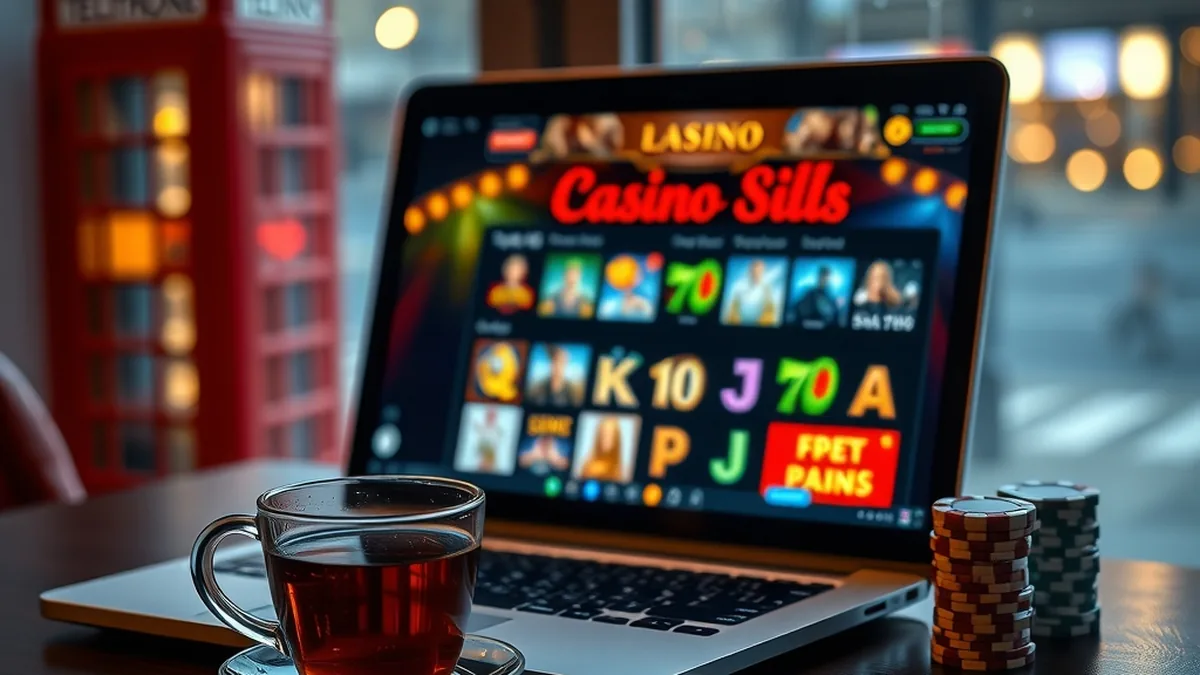 Laptop showing a blurred online casino lobby beside tea on a London evening